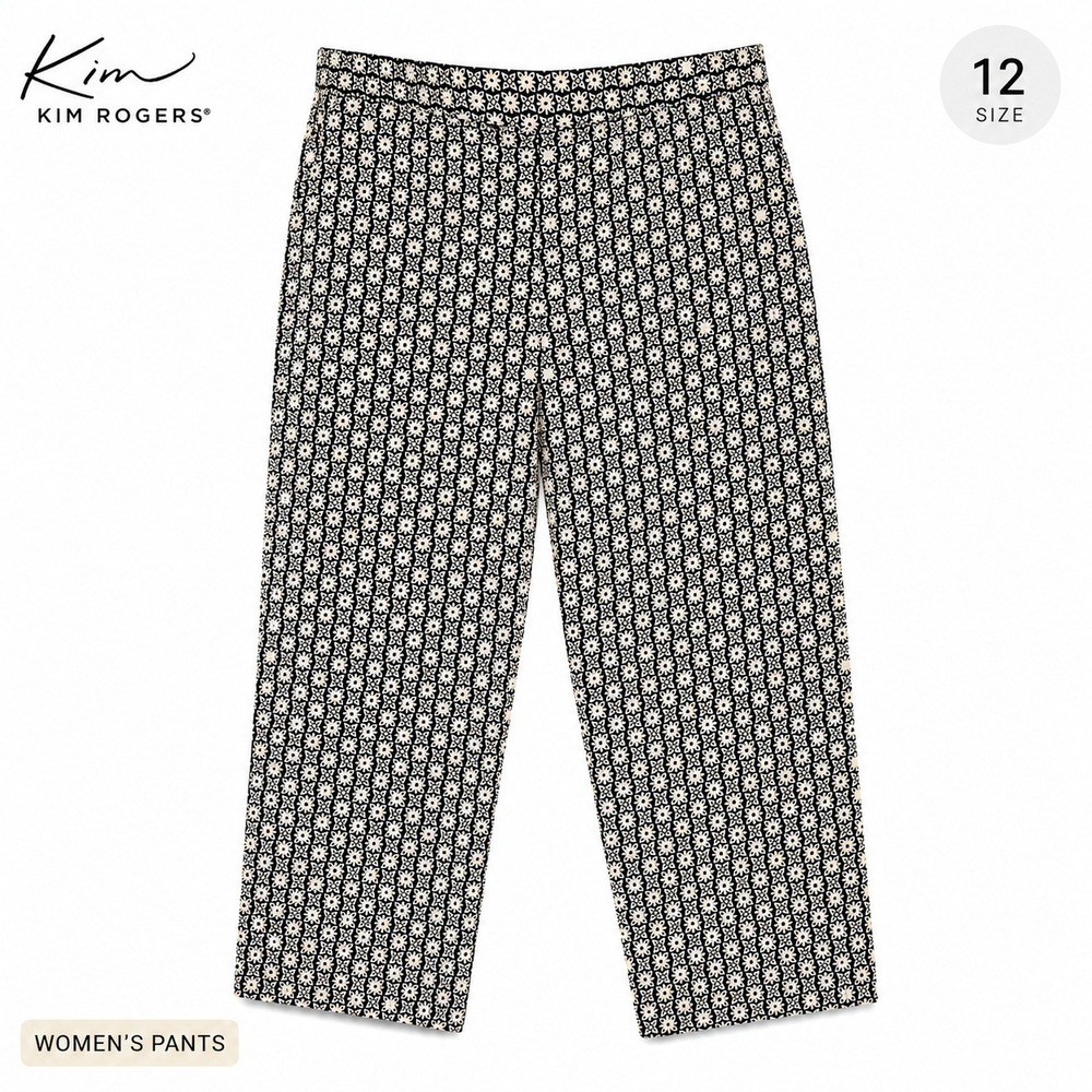 Kim Rogers Cropped Pants Womens 12 Black Tan Floral Geometric Straight Stretch